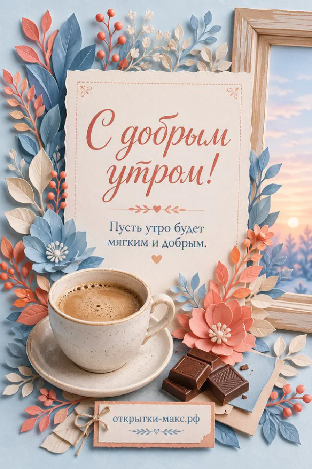 Плетёная корзина с лавандой, розовый клетчатый плед и конверт с веточкой лаванды на фоне окна с надписью «С добрым утром» — вариант 2
