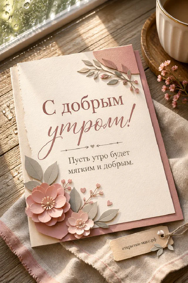 Плетёная корзина с лавандой, розовый клетчатый плед и конверт с веточкой лаванды на фоне окна с надписью «С добрым утром» — вариант 4