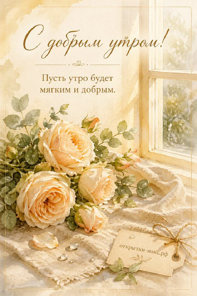Плетёная корзина с лавандой, розовый клетчатый плед и конверт с веточкой лаванды на фоне окна с надписью «С добрым утром» — вариант 3