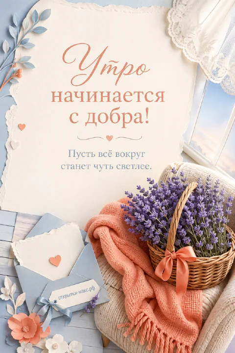 Плетёная корзина с лавандой, персиковый плед и голубой конверт с сердечком у окна