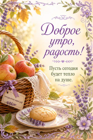 Плетёная корзина с красными яблоками, рядом тарелка с круглым печеньем, лавандовый венок по краю на светлом фоне