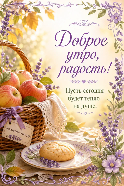 Плетёная корзина с красными яблоками, рядом тарелка с круглым печеньем, лавандовый венок по краю на светлом фоне
