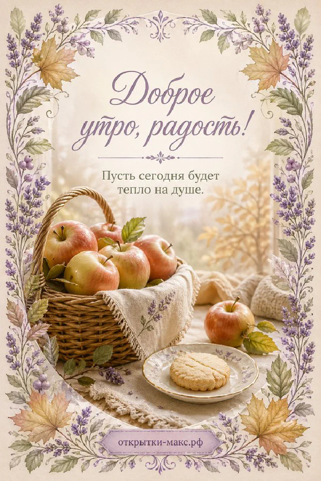 Плетёная корзина с красными яблоками, рядом тарелка с круглым печеньем, лавандовый венок по краю на светлом фоне — вариант 3