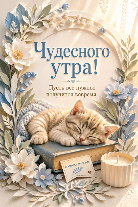 Спящий котёнок на стопке книг среди белых и синих цветов со свечой и надписью Чудесного утра