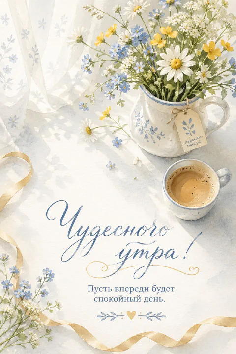 Акварельный кувшин с ромашками и синими цветами, чашка кофе и золотая лента на белом фоне