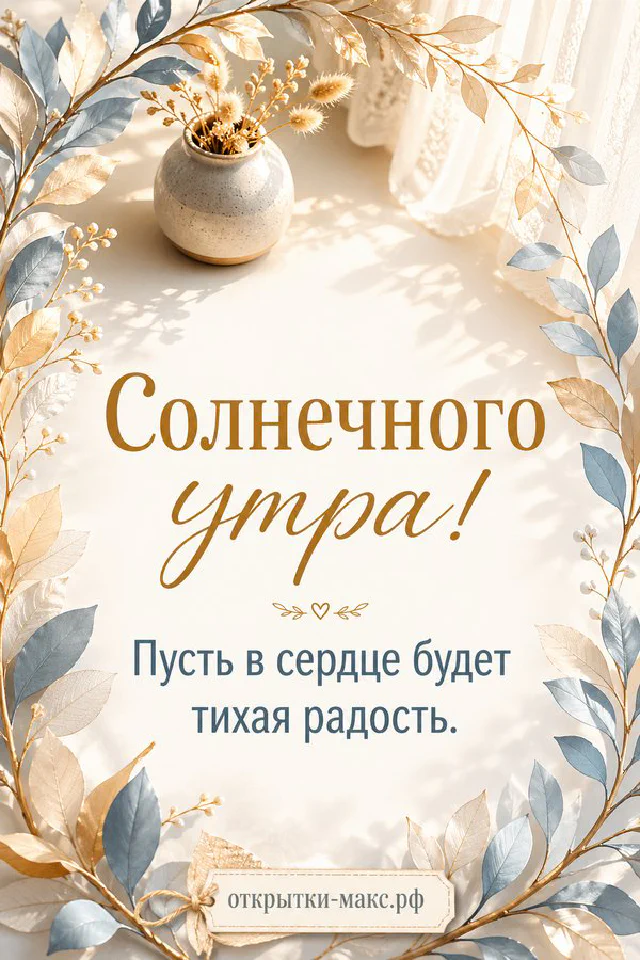 Кремовые и персиковые розы на клетчатой ткани у окна в акварельной технике с надписью «Солнечного утра» — вариант 3