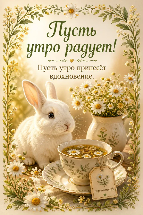 Белый кролик рядом с чашкой ромашкового чая и вазой с ромашками на фоне цветочной рамки