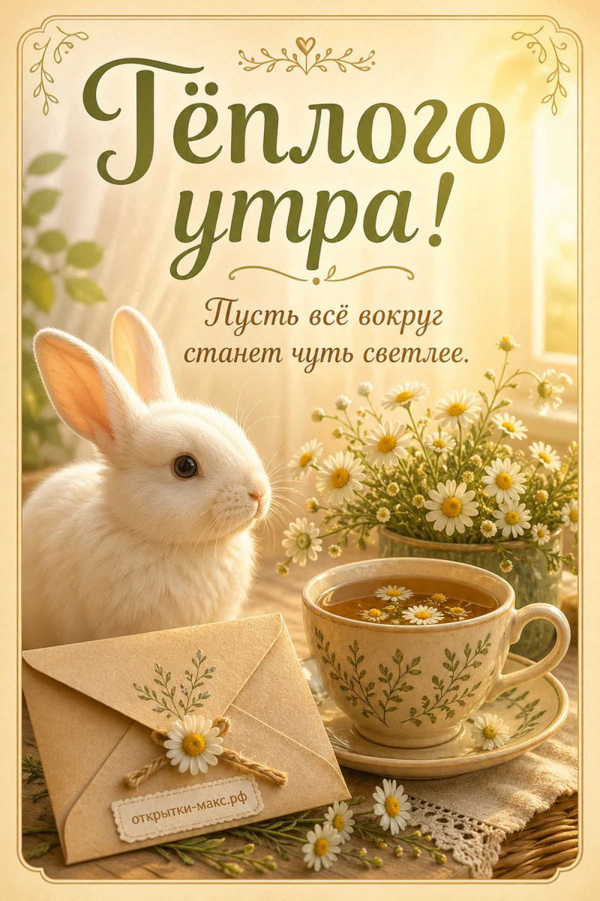 Белый кролик сидит у конверта с ромашкой, рядом чашка чая и букет ромашек у окна