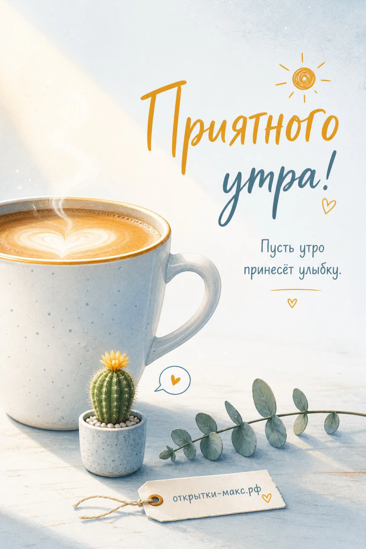 Серая кружка капучино с латте-арт сердечком и маленький кактус с надписью «Приятного утра»