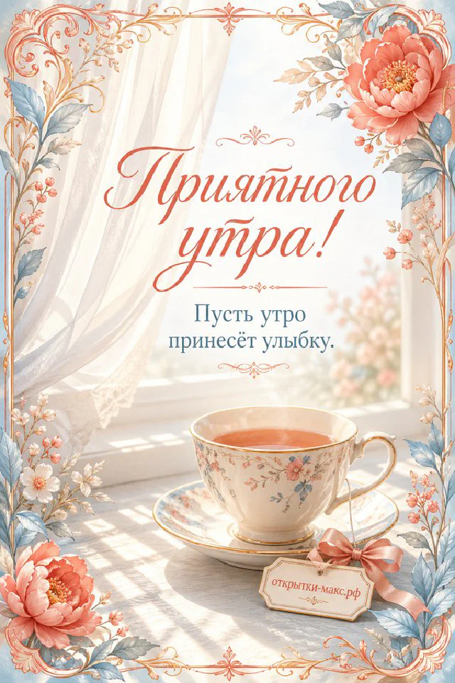 Серая кружка капучино с латте-арт сердечком и маленький кактус с надписью «Приятного утра» — вариант 2
