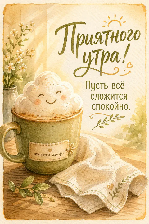Зелёная кружка капучино с улыбающейся пенкой-облачком, ромашки и салфетка с надписью «Приятного утра»