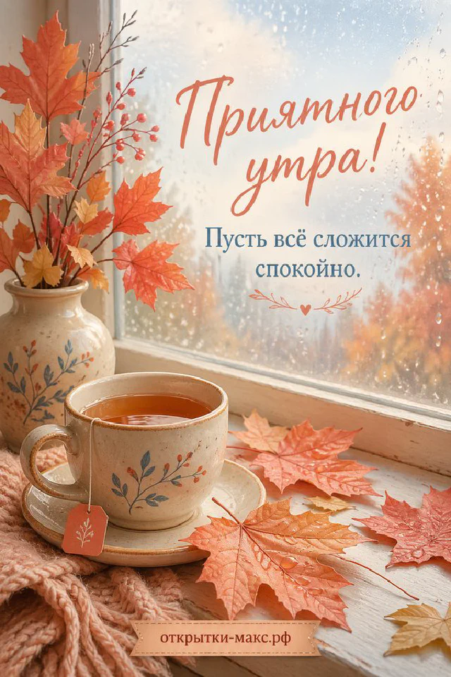 Зелёная кружка капучино с улыбающейся пенкой-облачком, ромашки и салфетка с надписью «Приятного утра» — вариант 2