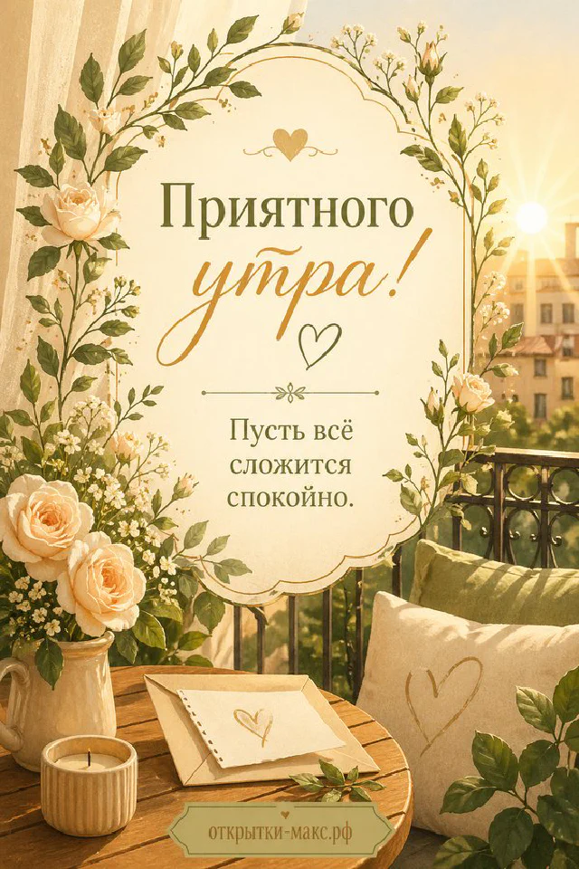 Зелёная кружка капучино с улыбающейся пенкой-облачком, ромашки и салфетка с надписью «Приятного утра» — вариант 4