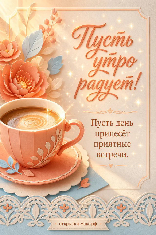 Букет лаванды в кувшине, чашка горячего чая и кружевная салфетка у зимнего окна с надписью «Пусть утро радует» — вариант 2