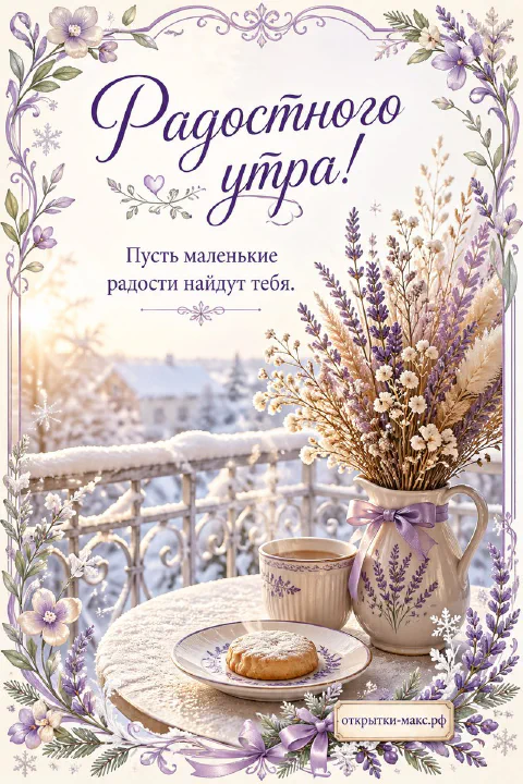 Букет лаванды в кувшине, чашка кофе и плюшка на заснеженном балконе с надписью «Радостного утра»