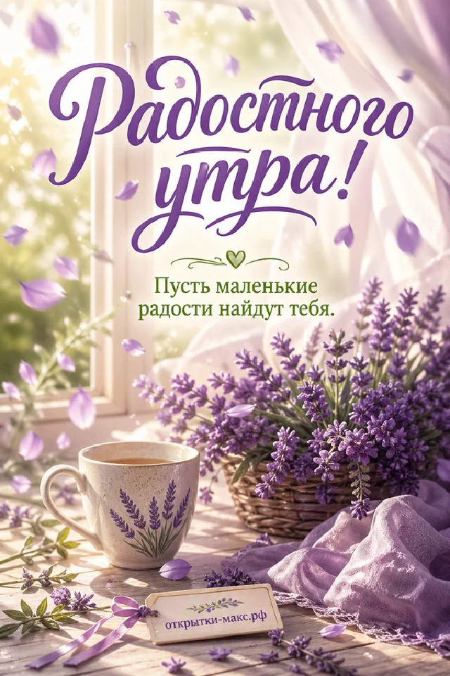 Букет лаванды в кувшине, чашка кофе и плюшка на заснеженном балконе с надписью «Радостного утра» — вариант 2