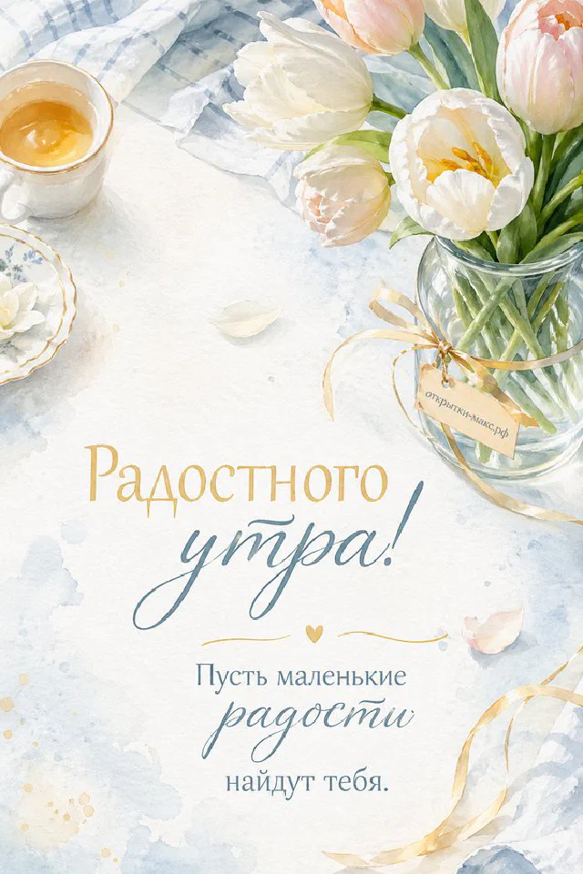 Букет лаванды в кувшине, чашка кофе и плюшка на заснеженном балконе с надписью «Радостного утра» — вариант 3