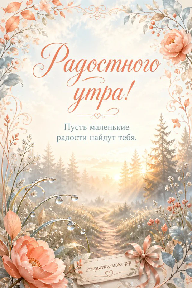 Букет лаванды в кувшине, чашка кофе и плюшка на заснеженном балконе с надписью «Радостного утра» — вариант 4