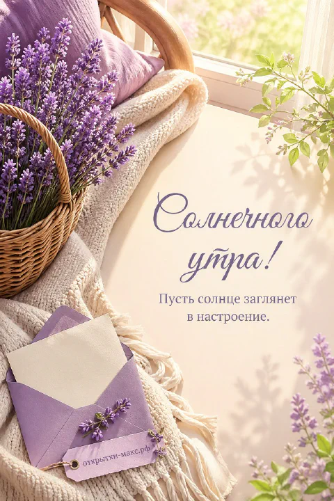 Корзина с лавандой и плед на кресле у окна, сиреневый конверт с запиской на тёплом фоне