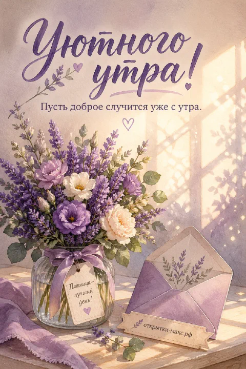 Стеклянная ваза с лавандой, эустомой и розами рядом с фиолетовым конвертом у окна