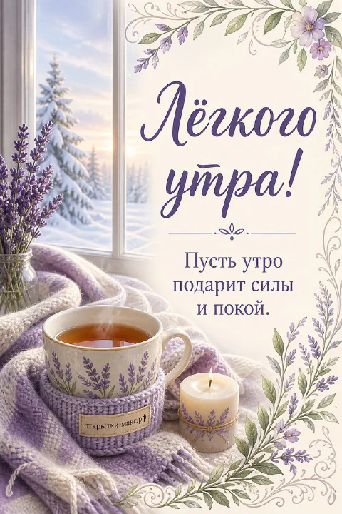 Кружка чая в вязаном чехле с лавандой, свеча и зимний пейзаж за окном, надпись «Лёгкого утра!»