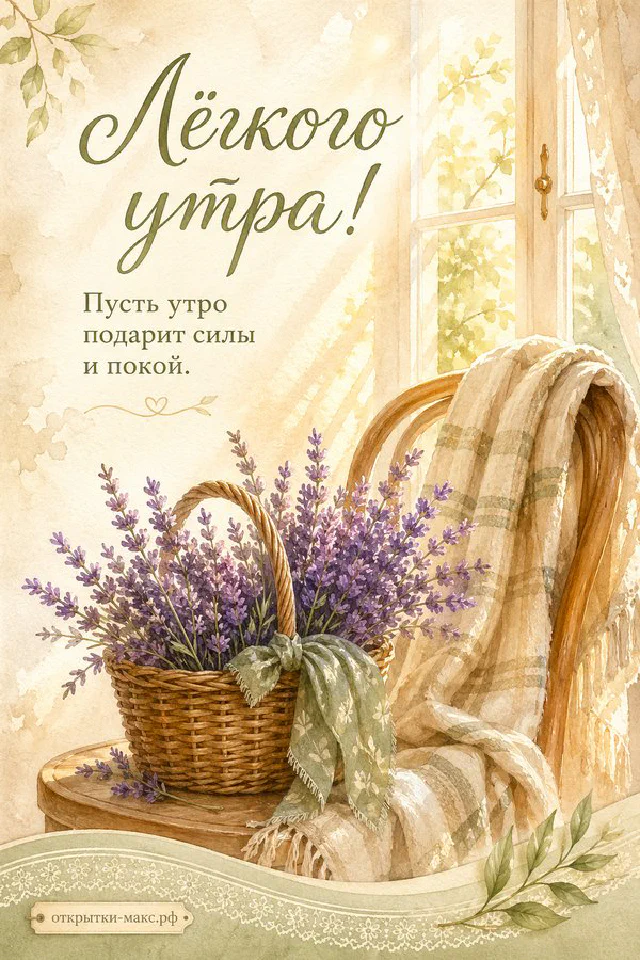 Кружка чая в вязаном чехле с лавандой, свеча и зимний пейзаж за окном, надпись «Лёгкого утра!» — вариант 2