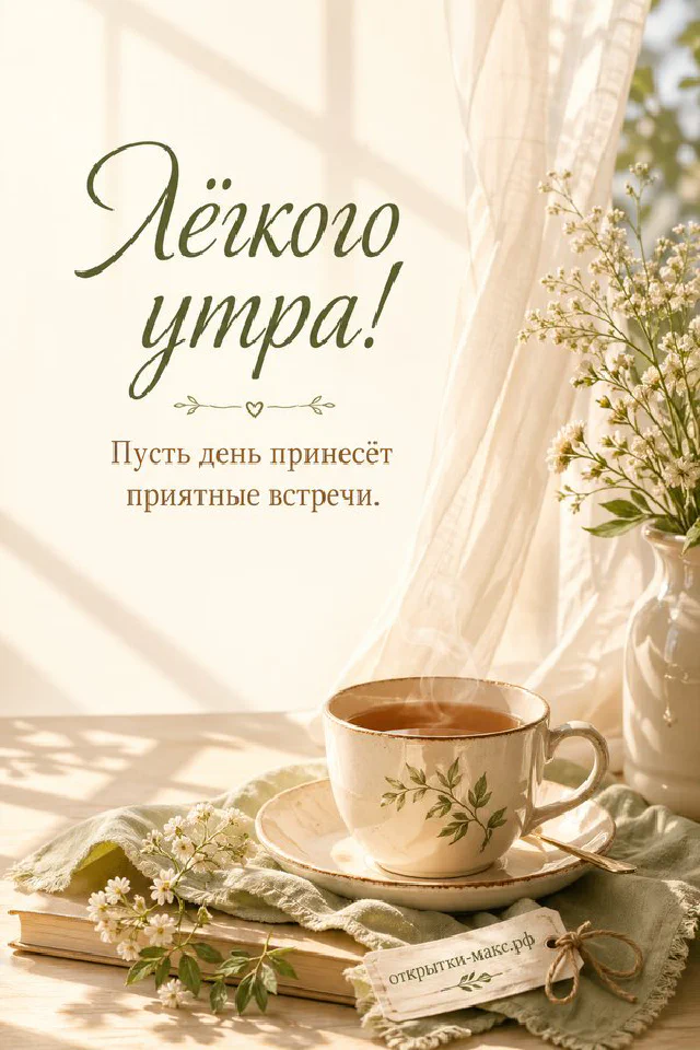 Фарфоровая чашка чая с паром, ветка магнолии и деревянная рамка на акварельном фоне, надпись «Лёгкого утра!» — вариант 3