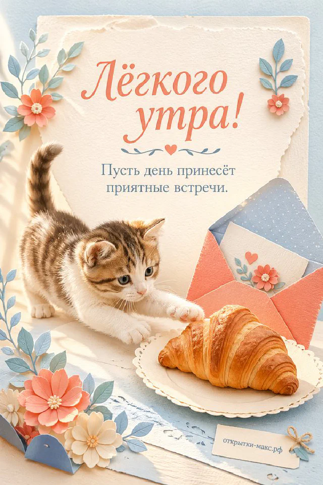 Фарфоровая чашка чая с паром, ветка магнолии и деревянная рамка на акварельном фоне, надпись «Лёгкого утра!» — вариант 2