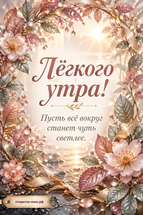 Цветочная арка из листьев, капель и розовых цветов над водой, надпись «Лёгкого утра!»