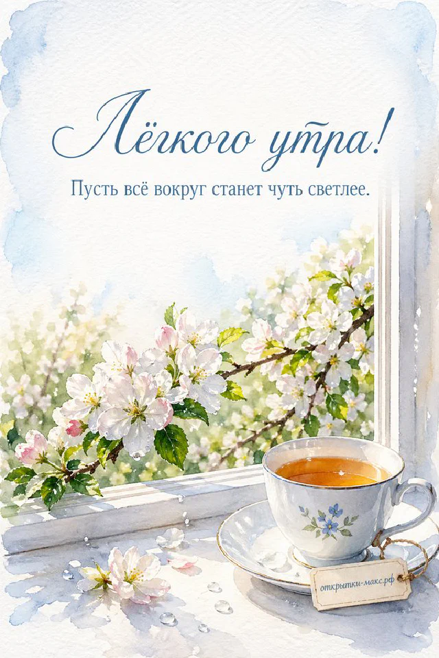 Цветочная арка из листьев, капель и розовых цветов над водой, надпись «Лёгкого утра!» — вариант 2