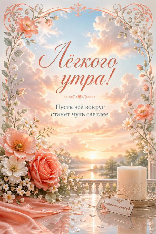 Цветочная арка из листьев, капель и розовых цветов над водой, надпись «Лёгкого утра!» — вариант 3