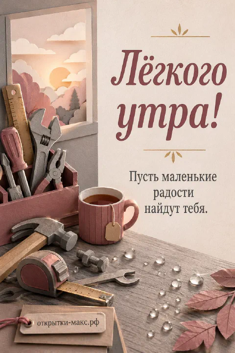 Набор инструментов в деревянном ящике, чашка чая и рулетка на столе с осенними листьями