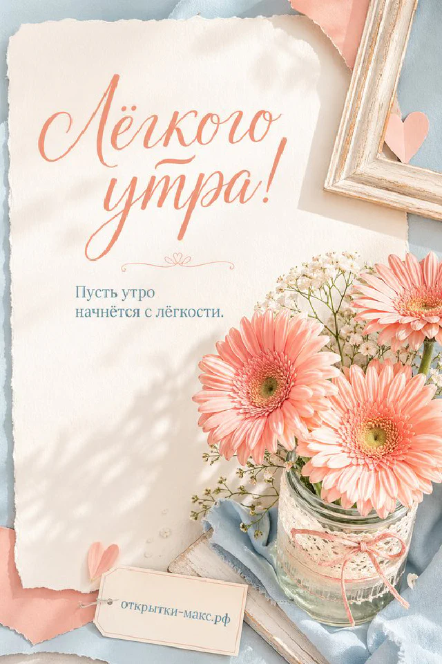 Кружка какао с маршмеллоу в вязаном чехле‑сердечке на кресле с пледом, надпись «Лёгкого утра!» — вариант 2