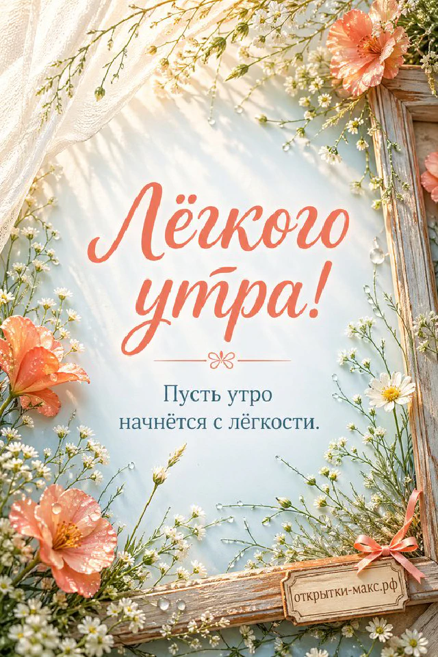 Кружка какао с маршмеллоу в вязаном чехле‑сердечке на кресле с пледом, надпись «Лёгкого утра!» — вариант 3