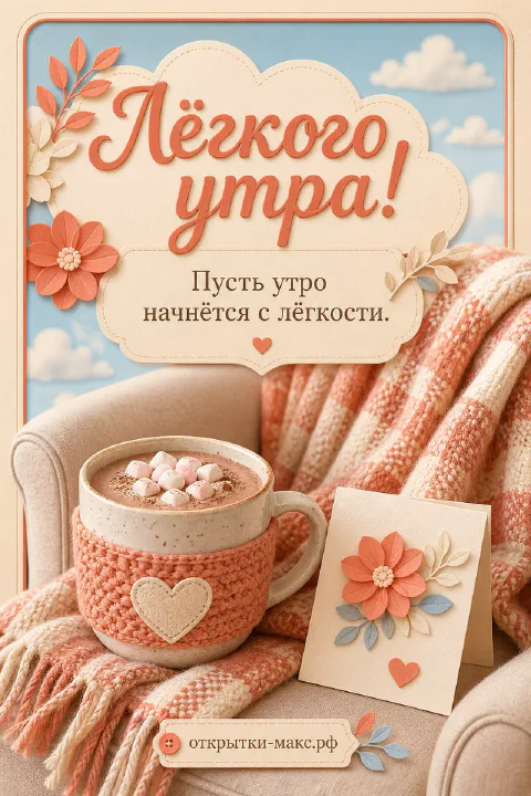 Кружка какао с маршмеллоу в вязаном чехле‑сердечке на кресле с пледом, надпись «Лёгкого утра!»