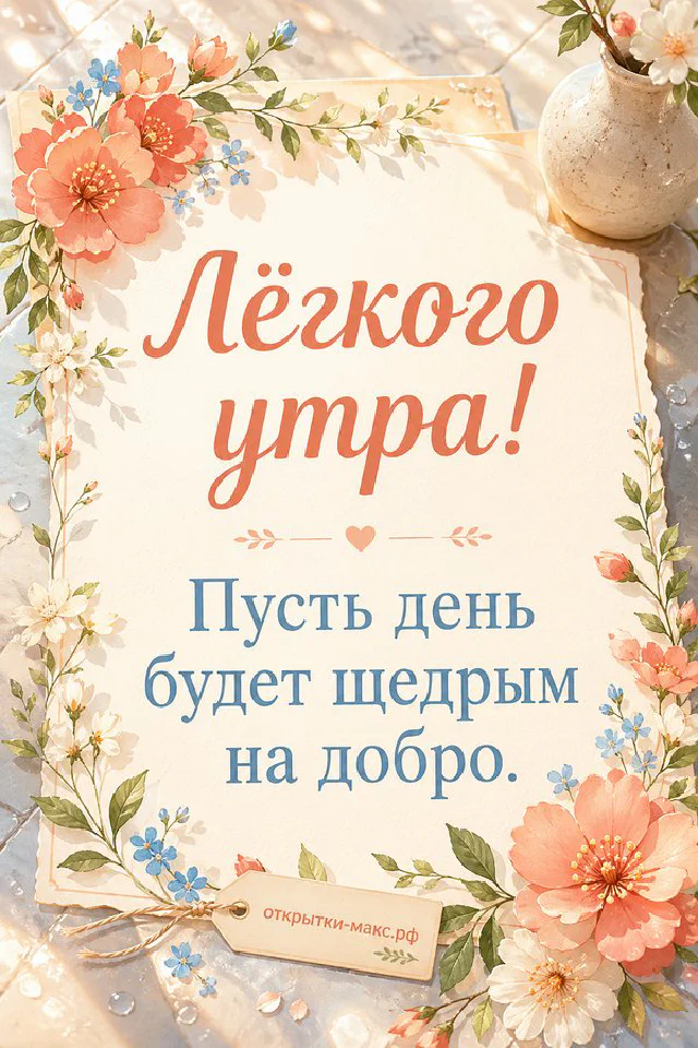 Открытка «Лёгкого утра» с чашкой кофе на блюдце, веточкой эвкалипта и кружевной салфеткой в бежевых тонах — вариант 2