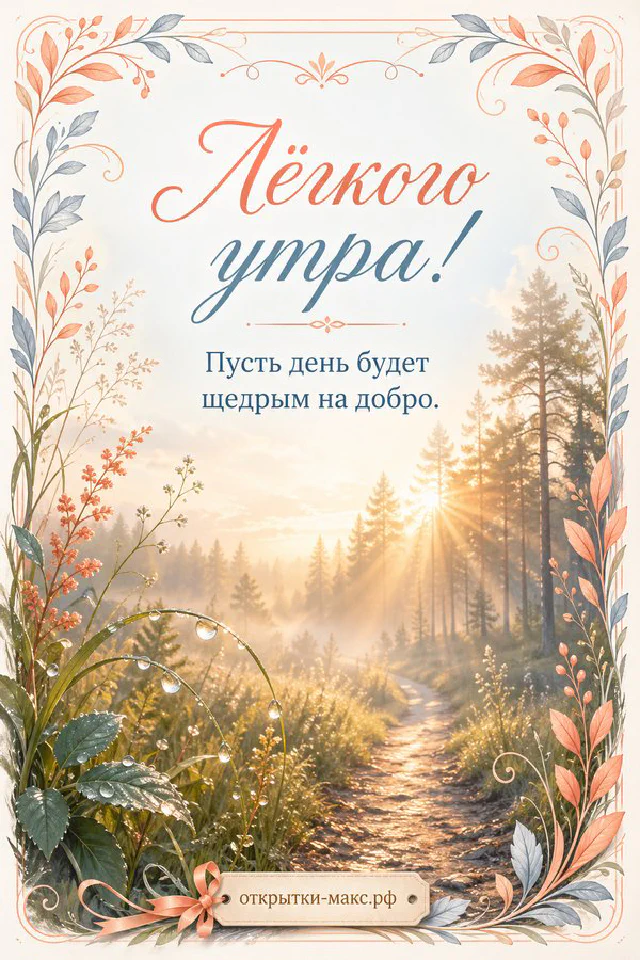 Открытка «Лёгкого утра» с чашкой кофе на блюдце, веточкой эвкалипта и кружевной салфеткой в бежевых тонах — вариант 3