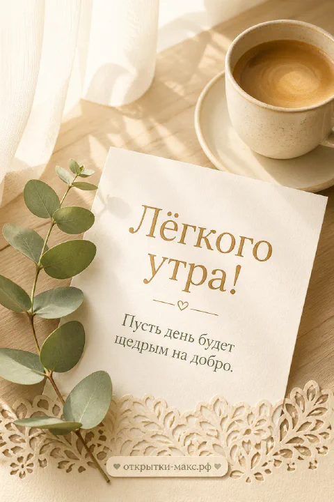 Открытка «Лёгкого утра» с чашкой кофе на блюдце, веточкой эвкалипта и кружевной салфеткой в бежевых тонах