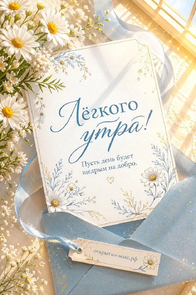 Открытка «Лёгкого утра» с чашкой кофе на блюдце, веточкой эвкалипта и кружевной салфеткой в бежевых тонах — вариант 4