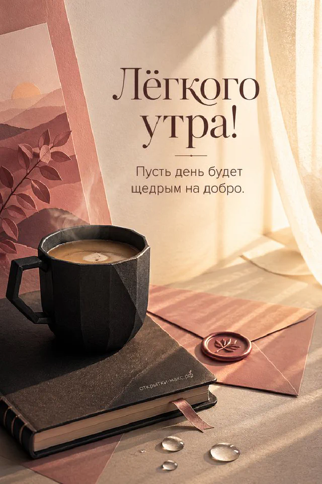 Открытка «Лёгкого утра» с чашкой кофе на блюдце, веточкой эвкалипта и кружевной салфеткой в бежевых тонах — вариант 5
