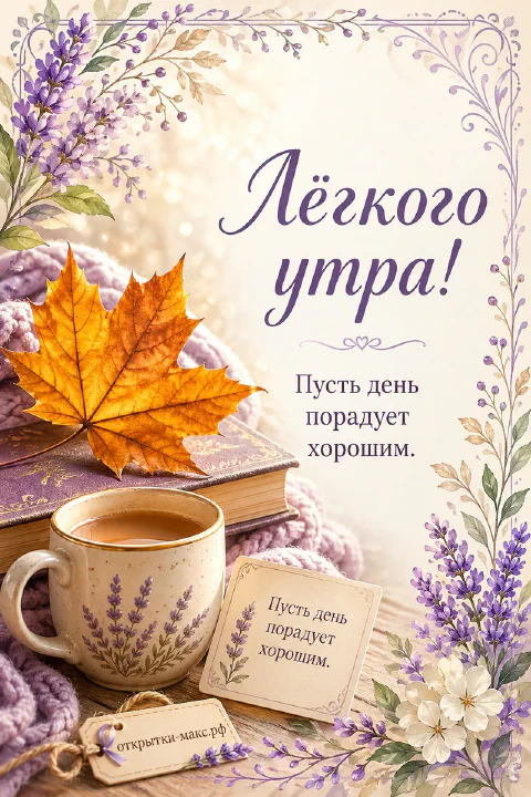 Чашка кофе с лавандовым узором, книга с жёлтым листом и плед на фоне лаванды