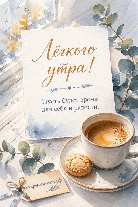 Чашка чёрного кофе с печеньем и веткой эвкалипта на белом акварельном фоне