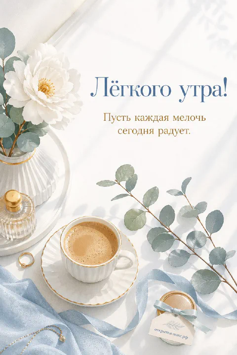 Чашка кофе с молочной пенкой, белый пион в вазе и ветки эвкалипта на белом столе