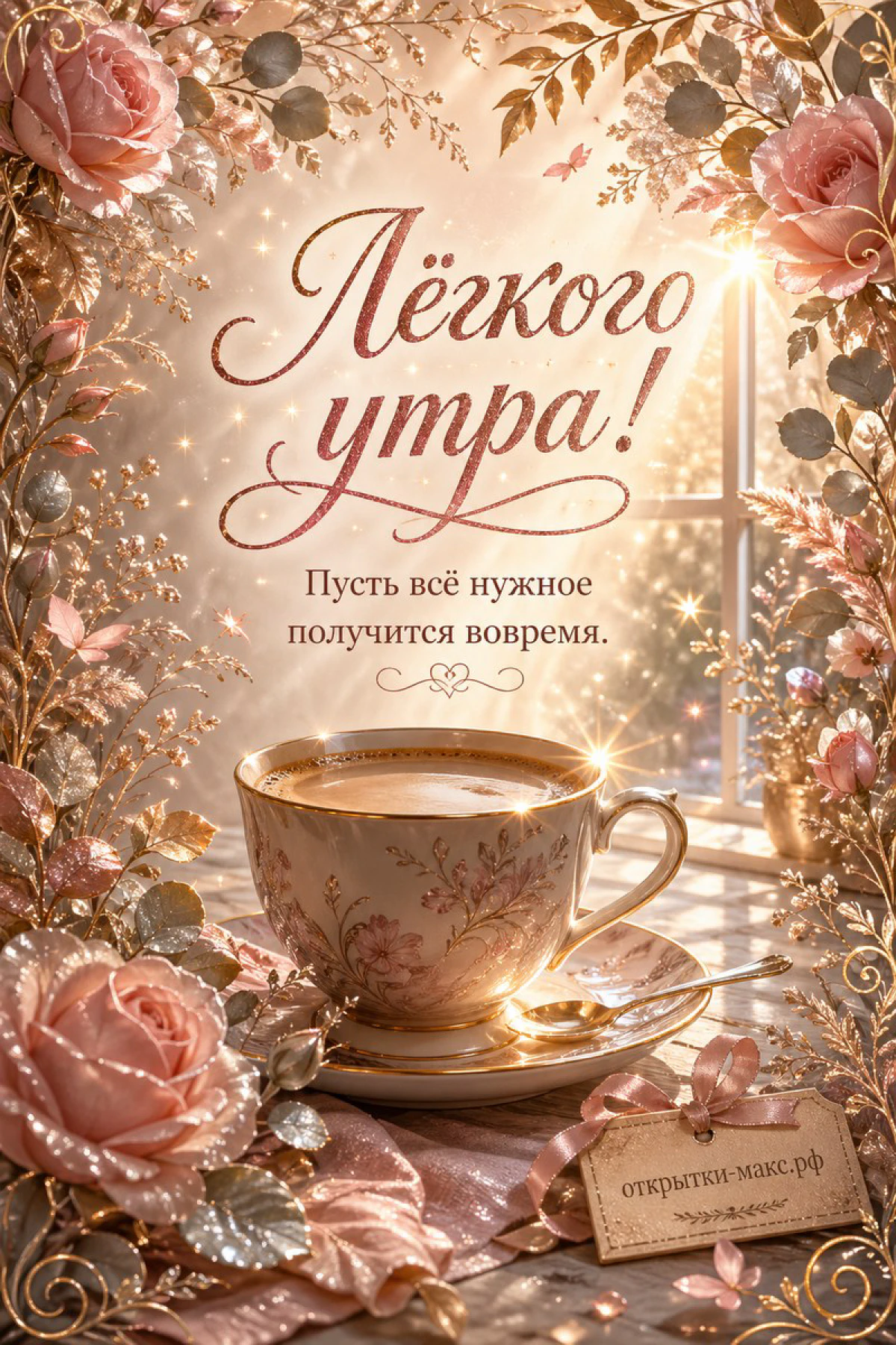 Фарфоровая чашка кофе с розовым узором среди роз и листьев у освещённого окна, надпись «Лёгкого утра!»