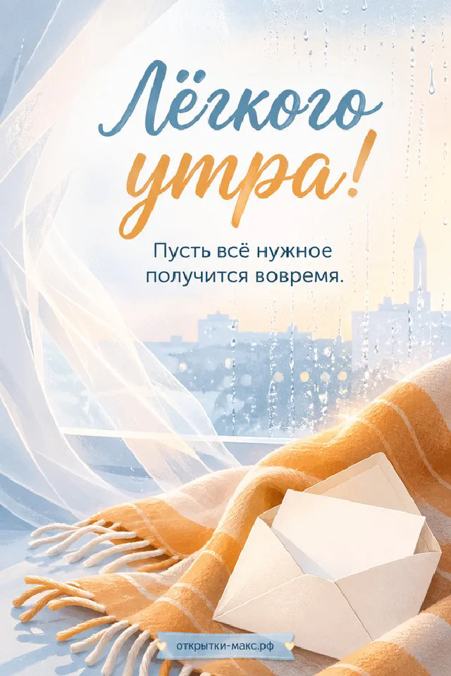 Фарфоровая чашка кофе с розовым узором среди роз и листьев у освещённого окна, надпись «Лёгкого утра!» — вариант 2