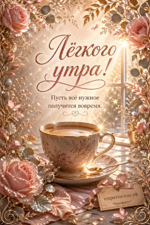 Фарфоровая чашка кофе с розовым узором среди роз и листьев у освещённого окна, надпись «Лёгкого утра!»