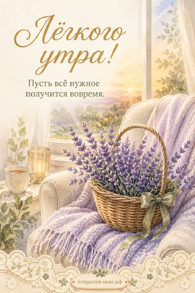Фарфоровая чашка кофе с розовым узором среди роз и листьев у освещённого окна, надпись «Лёгкого утра!» — вариант 3
