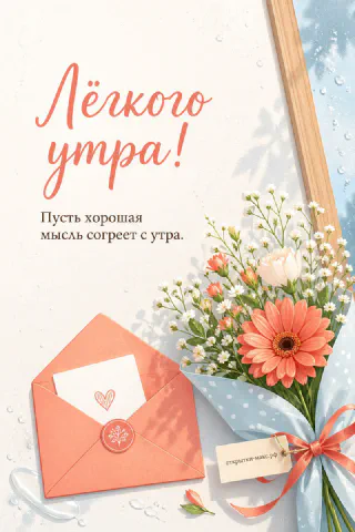 Коралловый конверт с сургучной печатью рядом с букетом оранжевой герберы и белой гипсофилы на светлом фоне