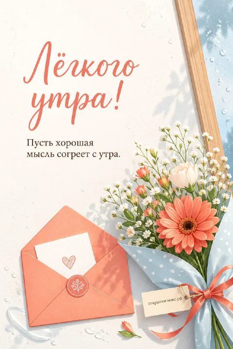Коралловый конверт с сургучной печатью рядом с букетом оранжевой герберы и белой гипсофилы на светлом фоне