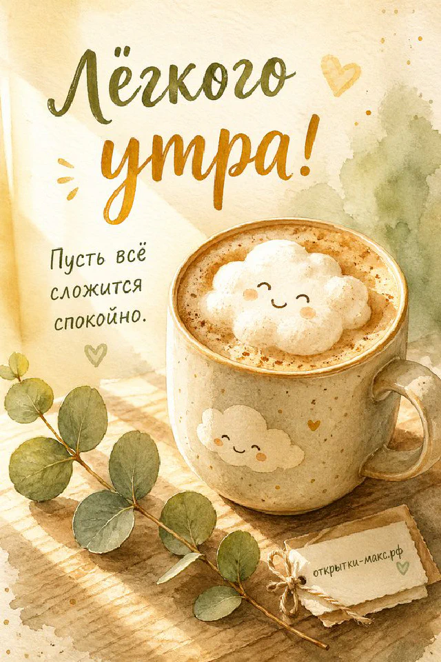 Нежная открытка «Лёгкого утра» в голубых тонах с белым цветком, эвкалиптом, конвертом и атласной лентой — вариант 2